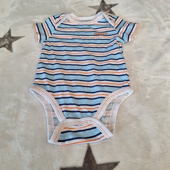 DKNY Size 0-3 Months Blue & Orange Striped Short Sleeve Bodysuit One Piece - Picture 1 of 6